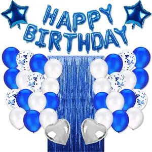 Blue Birthday Party Decorations Set with Happy Birthday Balloons Banner, Confetti Balloons, Foil Fringe Curtains Star Transparent Gifts