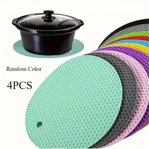 4 Piece Set Round Honeycomb Non-Slip Silicone Mats, Kitchen Utensil Trays and Cup Coasters, Durable and Heat Resistant Silicon Pad