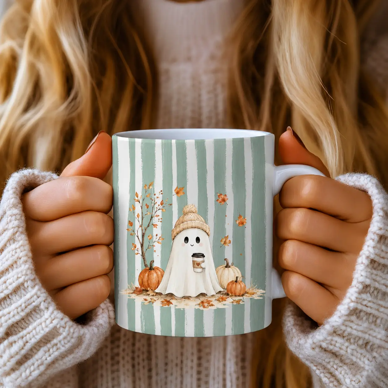 Cute Fall Ghost Coffee Mug, Pumpkin Ghost Cup, Cozy Fall Coffee Mug, Halloween Ghost Mug