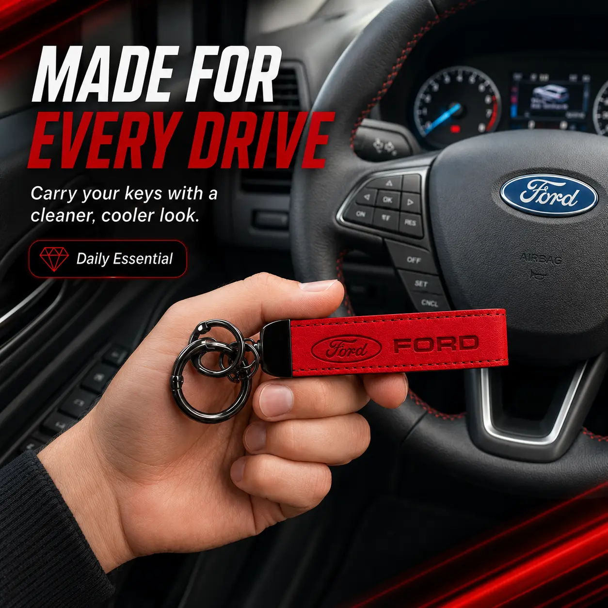 For Ford F-150 F-Series Explorer Bronco Escape Maverick Ranger Expedition Edge Transit, Premium Leather Car Keychain, Metal Key Ring Key Fob Holder with Swivel Clip, Anti-Lost Automotive Accessory, Stylish Driver Gift for Men Women, Red or Black