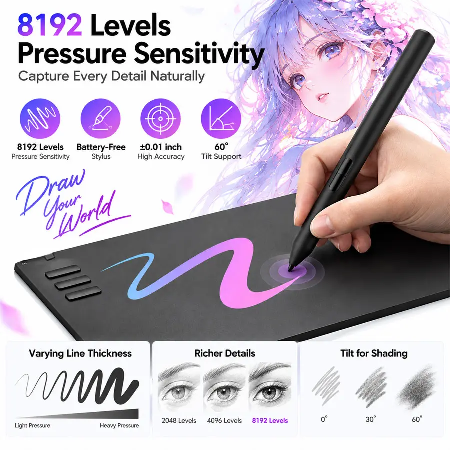 Digital Writing Tablet (Wacom-Style, ABS Resin) with 6.69 x 4.21 in Active Area, USB Port-Connected Battery-Free Stylus, OTG Compatible for Windows, macOS, Android (Not for Mobile Phones)