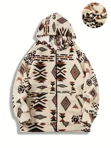 Tribal Fleece Long Sleeve Cardigan Sweatshirt Autumn Winter Men's Warm Loose Casual Jacket Spring/Fall Hooded Coat Daily Home Outdoor Streetwear Trendy Versatile