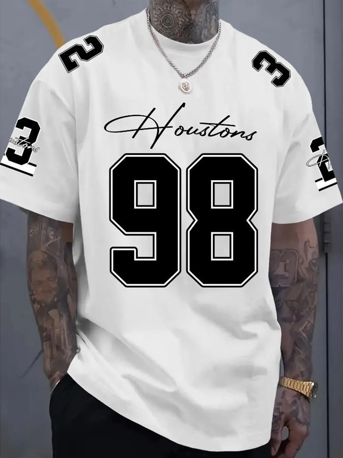 Viral Chicago 23 & Houston 98 Graphic Menswear Tee | Men's Streetwear Casual Fashion Clothing Short Sleeve Fitted T-Shirt | Retro Urban Style for Skating & Social Hangouts | Must-Have 2026 Summer Aesthetic Piece