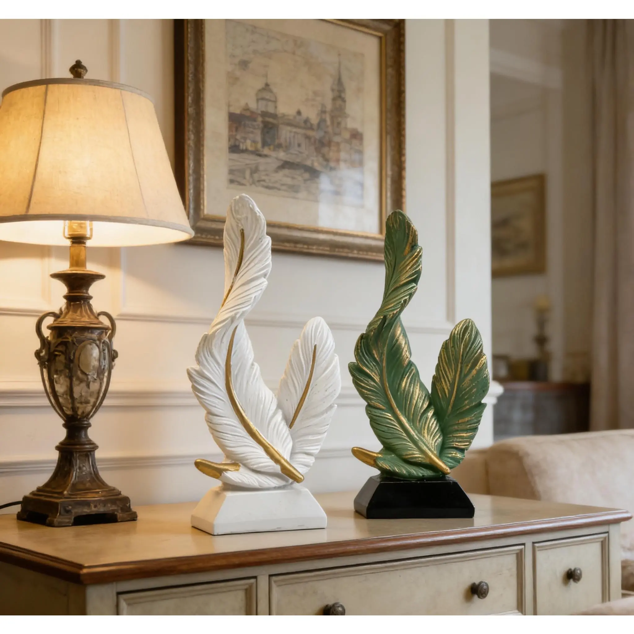 High-End White Double Feather Art Ornament - Feather Pattern Home Decor Statue, Freedom & Lightness Accent for Living Room, Artistic Ambiance Model Room Soft Decoration, Room Accent
