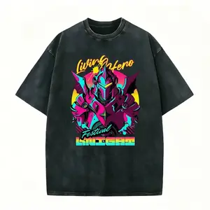 Futuristic Neon Cyber Knight vintage washed tee with pink & cyan armor and glowing lettering. Gaming aesthetic, cyberpunk, mecha style and oversized streetwear fit.