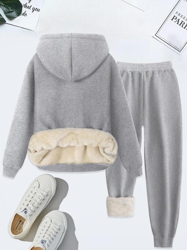 Women's Coffee Weather Print Hoodie & Sweatpants Set, Fleece Lined Thick Casual, Fall Winter Two-Piece Set, Plain Style
