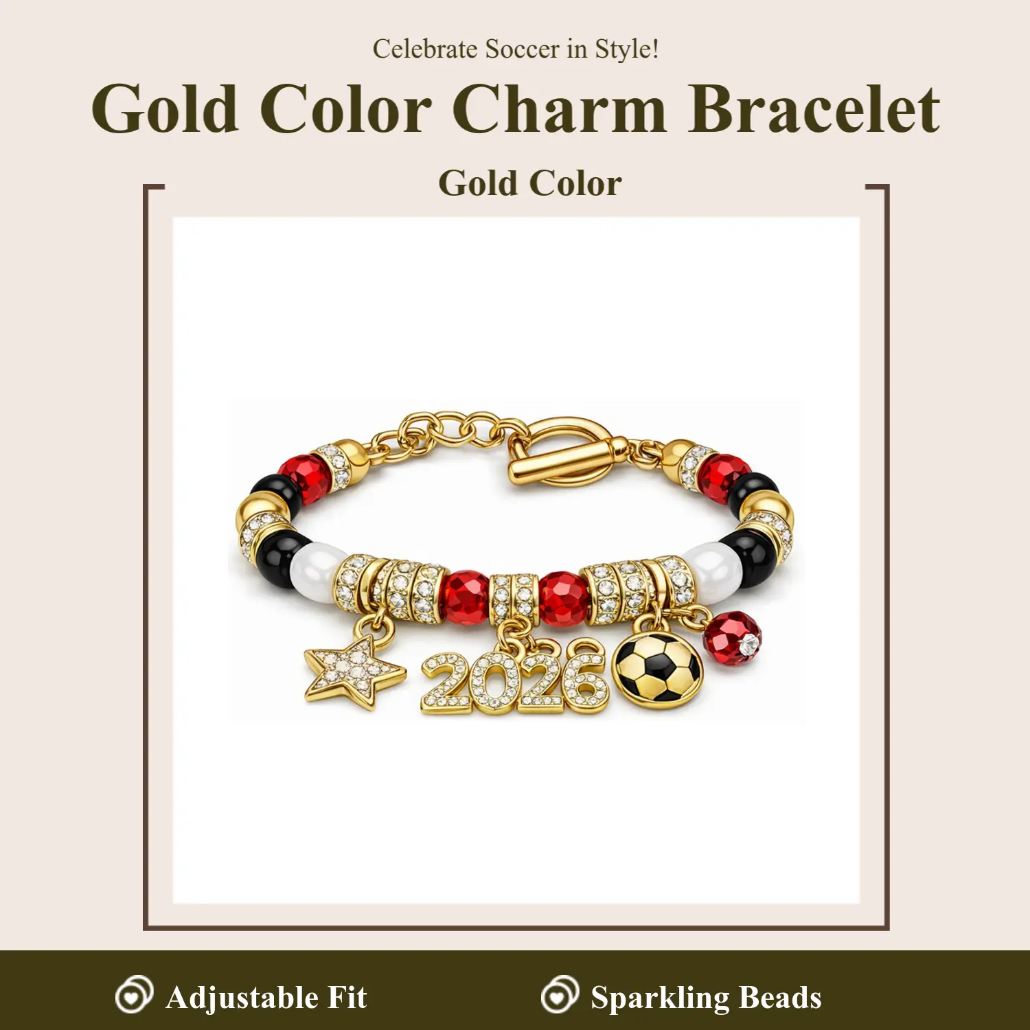Women's Gold Plated Alloy+Crystal Beaded Soccer Charm Bracelet - 2026 Pendant, 7.5-9.5 inch Adjustable, Bling Effect Football Fashion Arm Candy, Game Day Outfits Gift for Adults, Sports Costume Jewelry, Sports Jewelry, Unisex