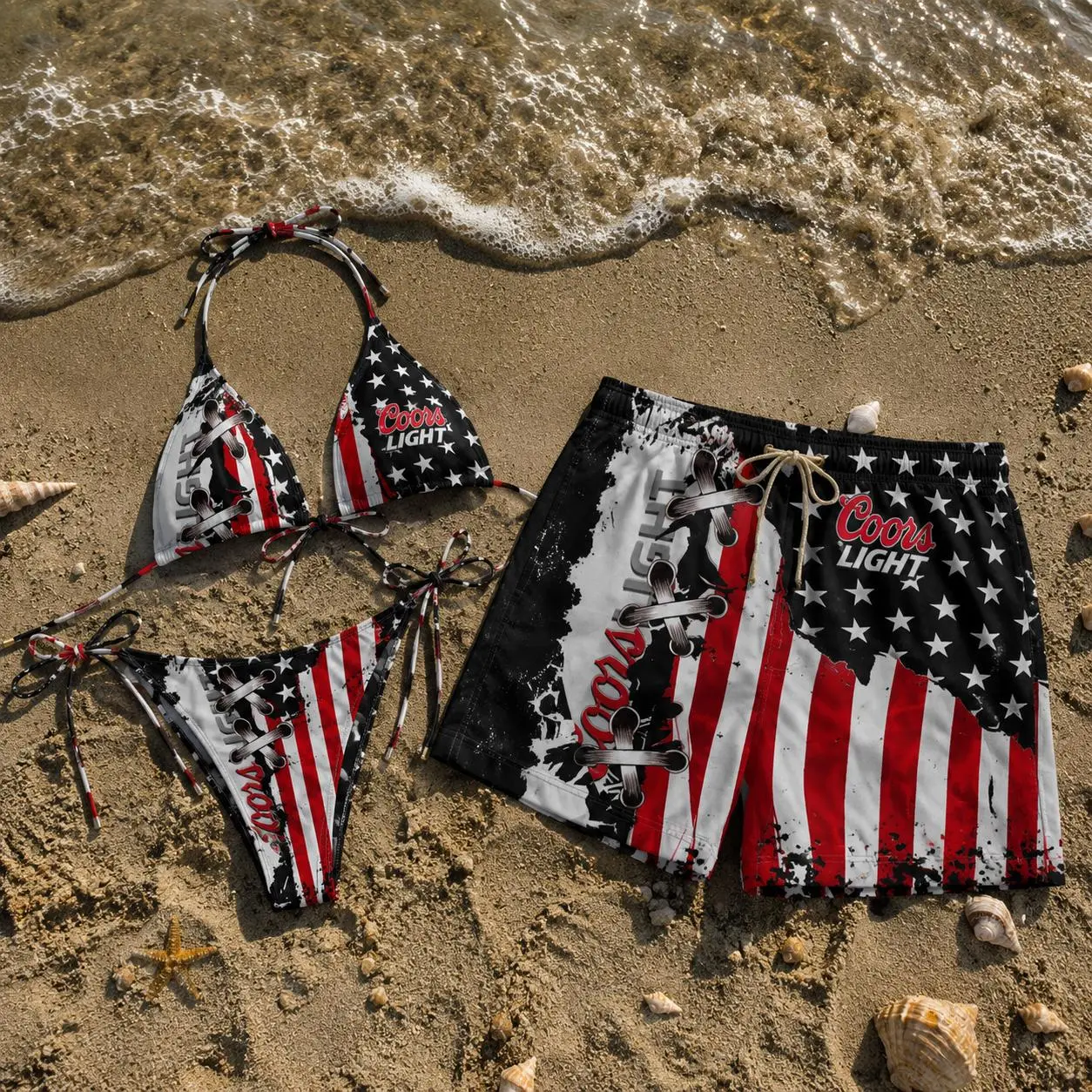 Coors Light American Flag Bikini Set for Women & Matching Men’s Swim Trunks, USA Patriotic Couple Swimwear, Summer Beach Vacation Pool Party Swimsuit (Sold Separately)