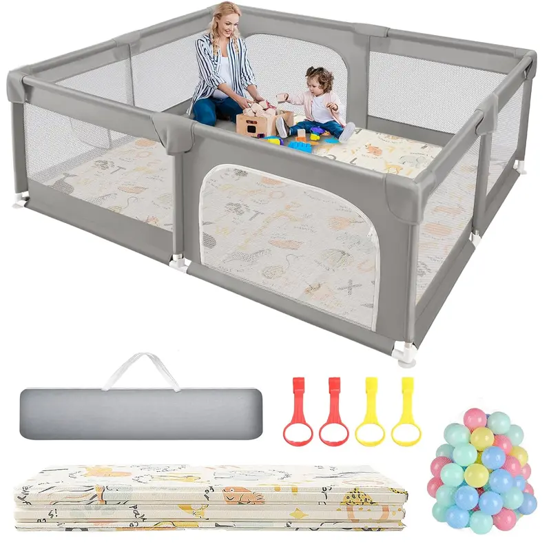 Baby Playpen with Play Mat, Extra Large Playpen for Babies and Toddlers, Baby Fence Play Pen Yard with Safety Gate Fence with 50 Ocean Balls 4 Pull Rings for Kids Indoor Outdoor