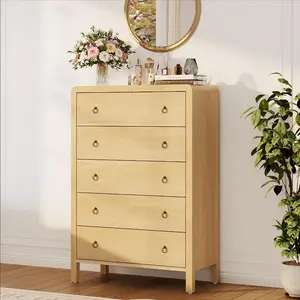 5-Drawer Dresser for Bedroom, 47.2" Tall Vertical Wooden Chest of Drawers for Closet, Narrow Space Saving Storage Organizer – Natural