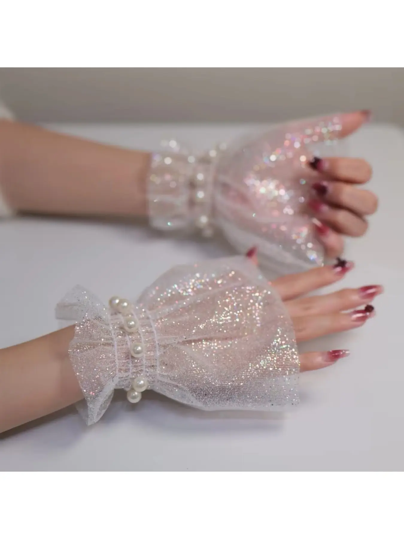 Pearl arm sleeves ultra sparkle hot pink mesh cuffs wrist covers performance nail photography hand sleeves