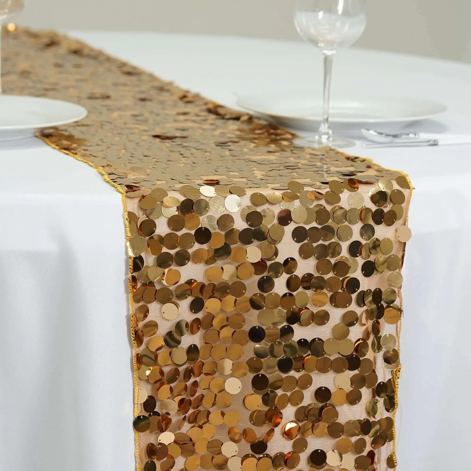 Gold Sequin Table Runner, 13"x108" Big Payette Design - Dazzling for Bridal Gatherings, Dessert Tables, Anniversaries, Corporate Events