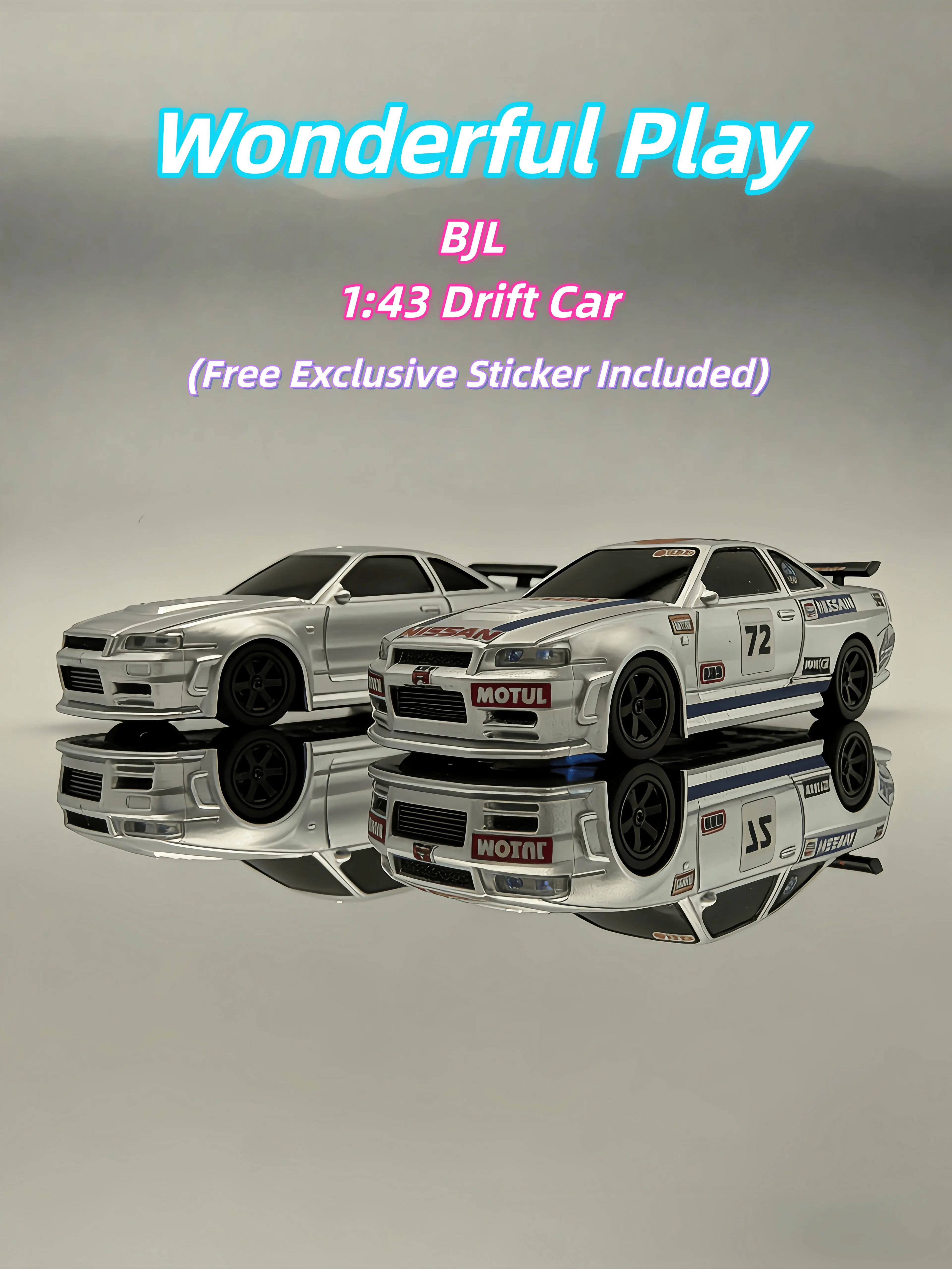 1:43 RC Model Car Drift Toy - New R34 Replica AWD RC Vehicle, Full-Scale Throttle-Steering Control, Interchangeable Tires, USB Charging, Front-Rear LED Headlights, Wireless Controller, Built-In Batteries, Boy's Birthday Gift