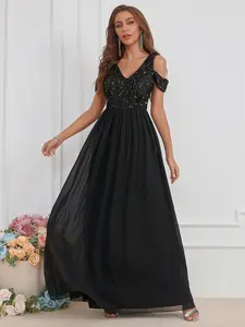 Elegant Women's V-Neck Sequined Chiffon Overlay Long Formal Evening Dress, Party Prom Bridesmaid Gown, Flowy A-Line Maxi Dress, Formal Wear Elegance