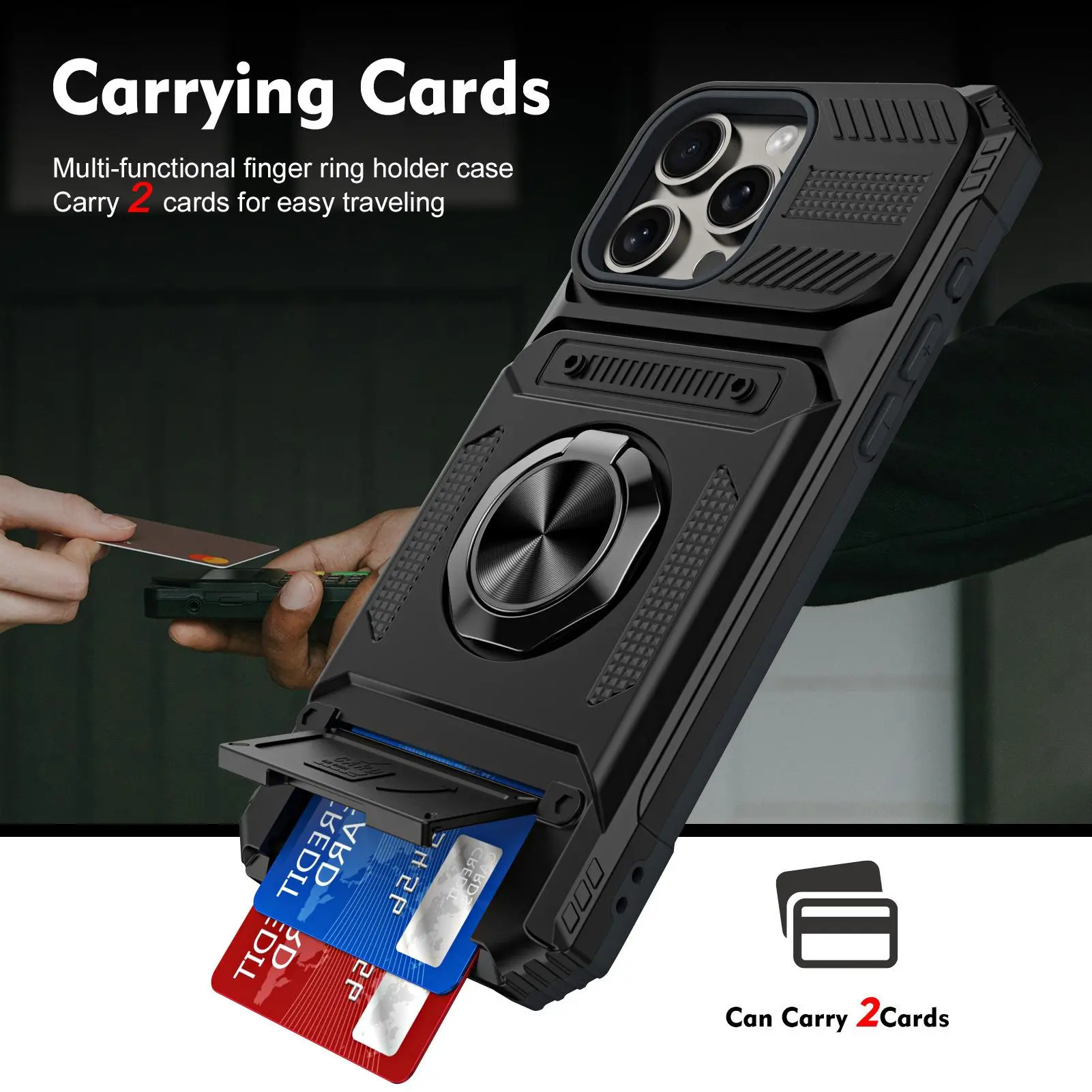 Armor Holder Shockproof Cover Phone Case with 2 Card Holder，360° Rotating Ring Stand Kickstand, for iphone 18 17 16 15 14 13 Pro Max Plus