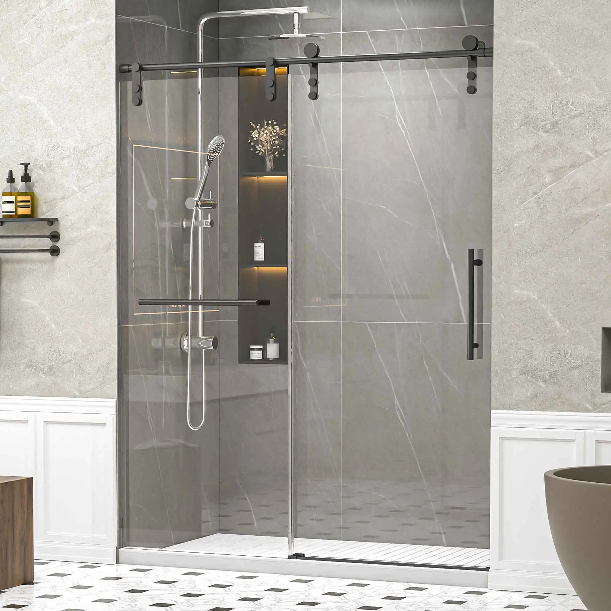 Frameless Single Sliding Shower Door, 56-60" W x 76" H, 5/16" Tempered Glass, Matte Black, Reversible Opening, Towel Rail & Handle, Waterproof, Modern Bathroom Enclosure