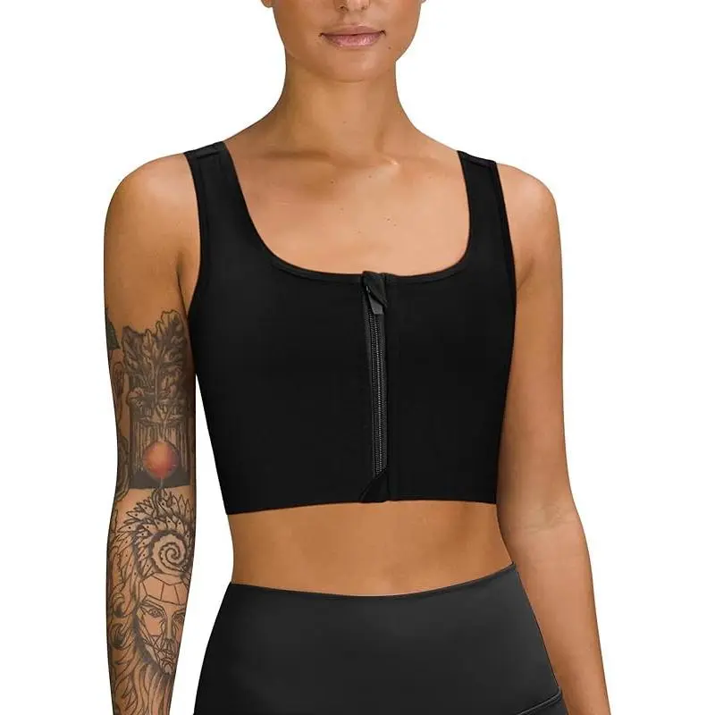 Sleeveless Chest Binder for Women, Square Neck Compression Tank Top with Front Zipper and Secure Buckle, Fit, Soft, Comfortable, Style, Clothes, Basic, Piece, Minimalist, Black, Fitted, Secure Fit