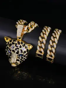 Hip Hop Fashion Blue-Eyed Leopard Head Pendant, Sparkling Cuban Chain Necklace, Punk Style Animal Design, Unisex Jewelry Accessory, Exquisite Chain Jewelry, Charms Necklace