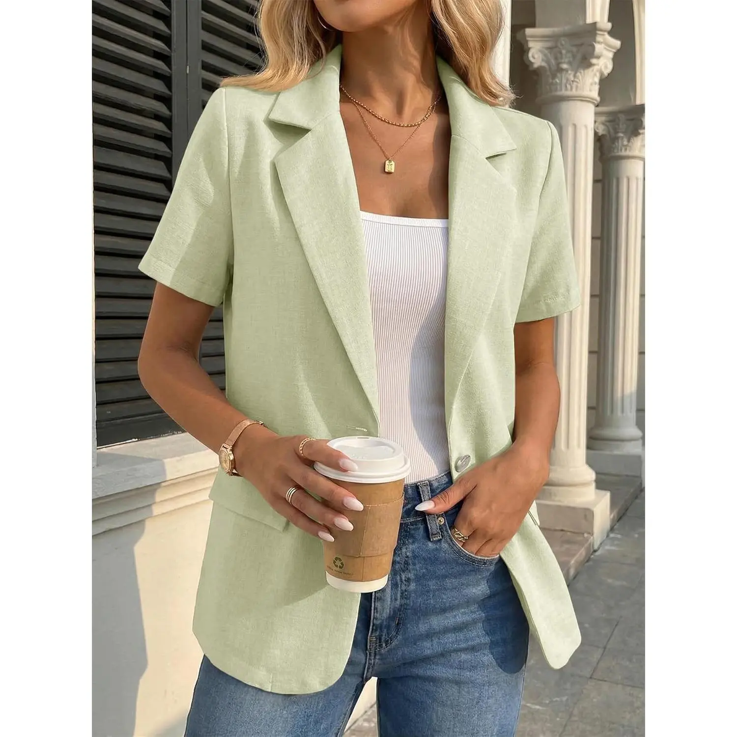 Mina Self 2026 Summer Women's Short-Sleeve Blazer Jacket - Stretchable Fabric, Breathable, Full-Lined, Lightweight, Basic, Fashionable, Cute Pocket, Cold Wash, Tumble Dry, Solid Business Casual Work Wear, Small, Wrinkle-Resistant Appearance
