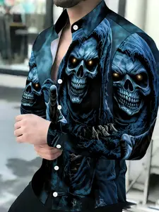 Men's Breathable Lapel Long-Sleeve Grim Reaper Skull Graphic Print Cardigan