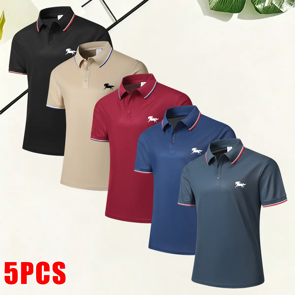 Menswear 5-Pack Men's Casual Short-Sleeve Polo Tops, Galloping Horse Print, Turn-Down Collar, Regular Fit, Casual Chic, Multi-Size, Lightweight, Comfortable, Suitable for Outdoor Activities, Vacations