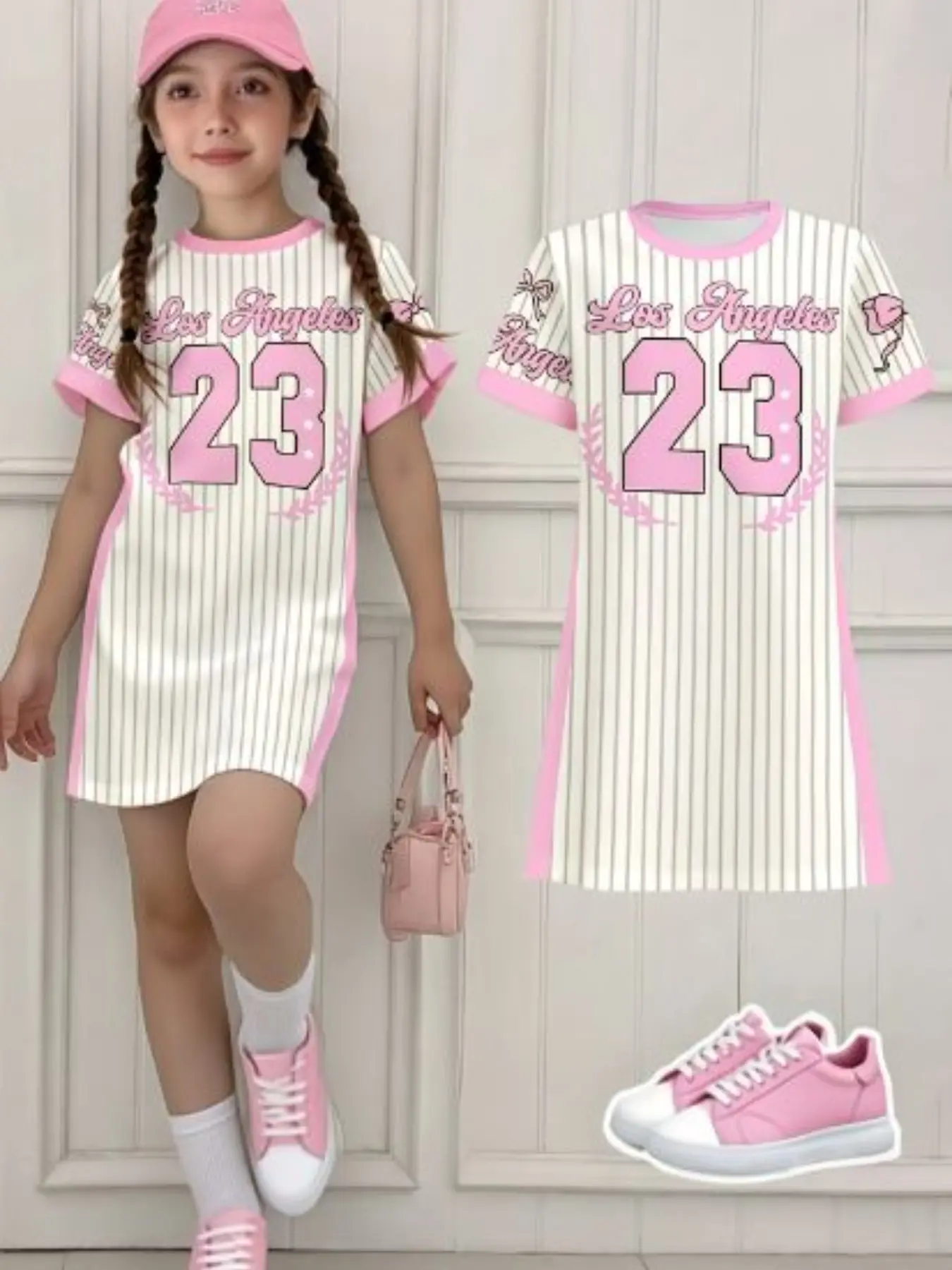 Girls' Casual Dress Series, Digital Stripes Slogan Letter Print Short Sleeve T-Shirt Dress, Baseball, Loose-Fit Cute Style, Loose Fitting Sundress, Dresses For Summer