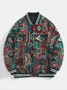 Men's Ethnic Style Plaid Baseball Jacket Coat, Fall Winter Fashion Outerwear, Casual Long Sleeve Button Front Design