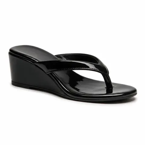 Women's Black Wedge Flip Flops, 2 Inch Height Increasing Wedge Sandals, Cushioned Footbed, Non-Slip Square Toe Thong Sandals for Fall Casual Wear