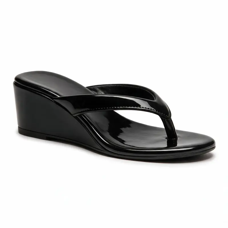 Women's Black Wedge Flip Flops, 2 Inch Height Increasing Wedge Sandals, Cushioned Footbed, Non-Slip Square Toe Thong Sandals for Fall Casual Wear