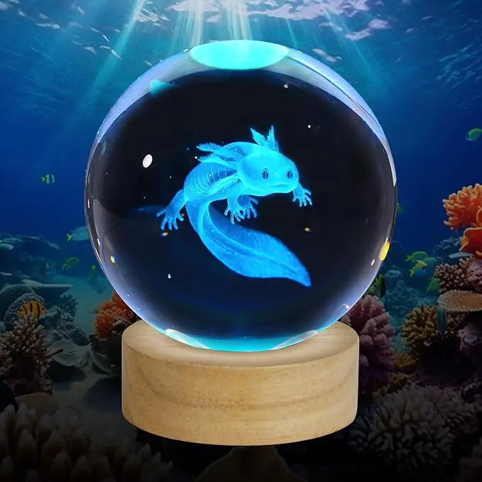 60mm 3D Axolotl Crystal Glass Ball Nightlight - Women's Color Changing Animal Theme Ornament, Home Decor Figurine, Birthday Keepsake Paperweight