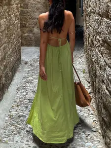 Women's Solid Color Tie Shoulder Backless Long Dress, Backless Party Dress, Chic Casual Sleeveless Spaghetti Strap Maxi Dress for Holiday Vacation, Ladies Clothes for Summer