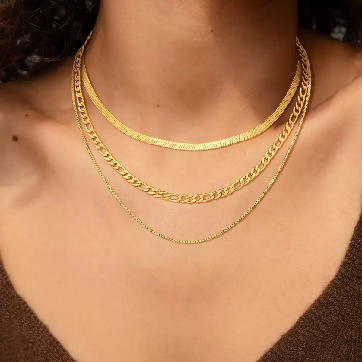 Trendy 3 Pcs Golden Layered Necklaces Copper Chain Necklaces for Women Men Dainty Link Chain Chokers Necklaces Thin Chunky Cuban Figaro Paperclip Snake Chain Necklace Set