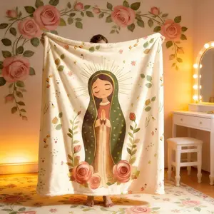 Cartoon Virgin Mary Rose Floral Blanket, Floral Print Blanket, Large Soft Lightweight Warm, Perfect for Bed Sofa Office Camping Travel, Spring Blanket Gift