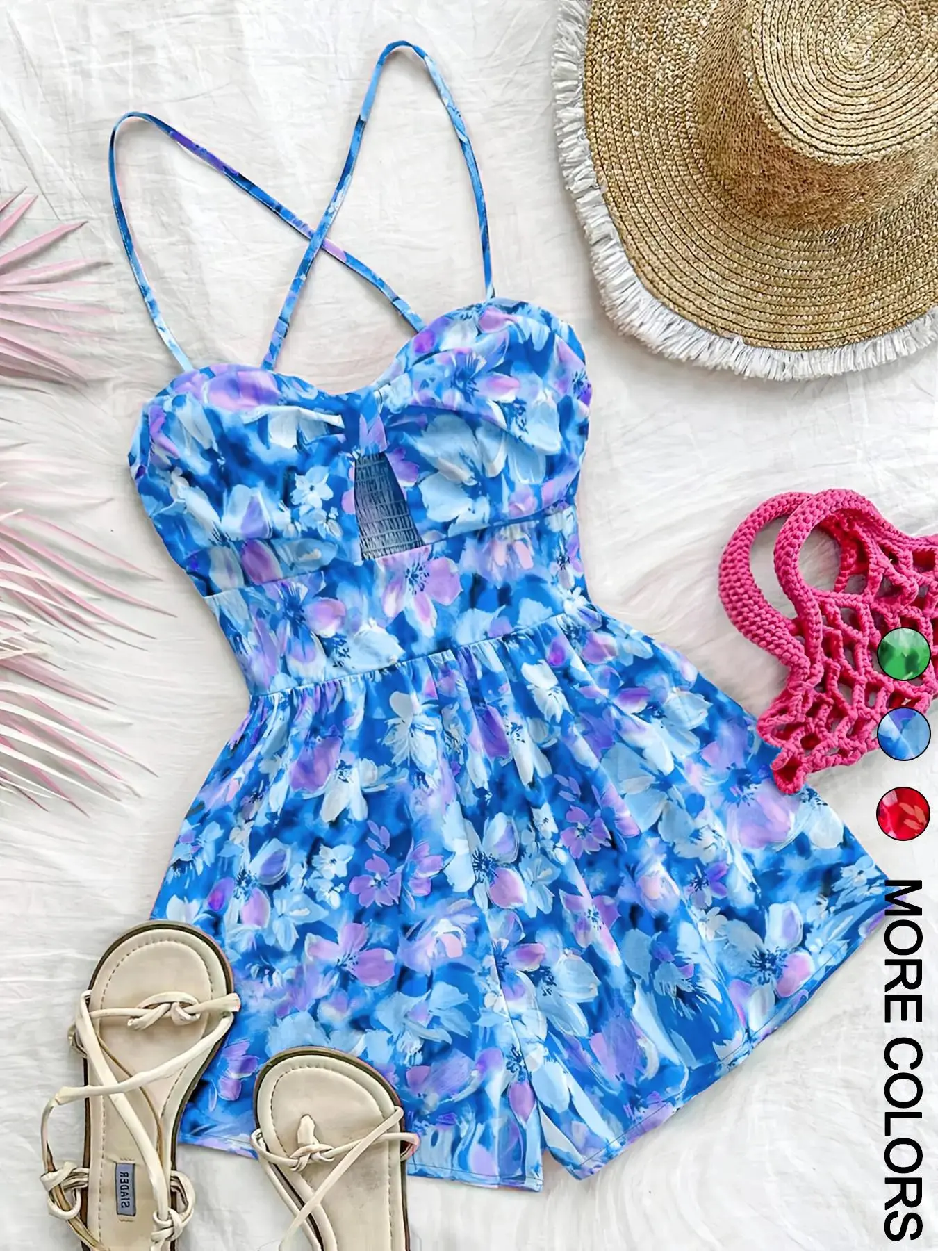 Floral print, Tropical, cutout, cross-strap Woven jumpsuit, Romper, near the beach, Summer, Casual, Fit