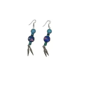 Feather Aztec Beaded Earrings with Blue Beads for Women's Fashion
