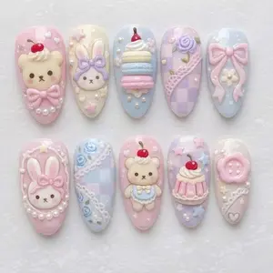 Kawaii Pastel 3D Press-On Nails, Bear Bunny Dessert Coquette Y2K Style, Nail Art Kit Nail Box