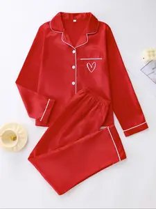 Elegant Heart Decor Satin Women's Pajama Set, Smooth Comfortable Fabric, Loose Fit Button-Up Long Sleeve Top and Pants