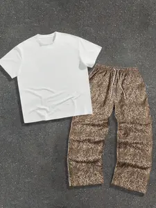 Men's Short Sleeve T-Shirt and Long Pants Set, Jungle Plant Camouflage Style, Loose-Fitting Y2K Street Sports, Trendy Everyday Wear, Outfit
