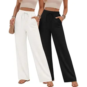 2 Pack Women's Linen Long Pants, Summer Drawstring Elastic Waist Flowy Straight Pant Casual Loose Beach Pant with Pocket