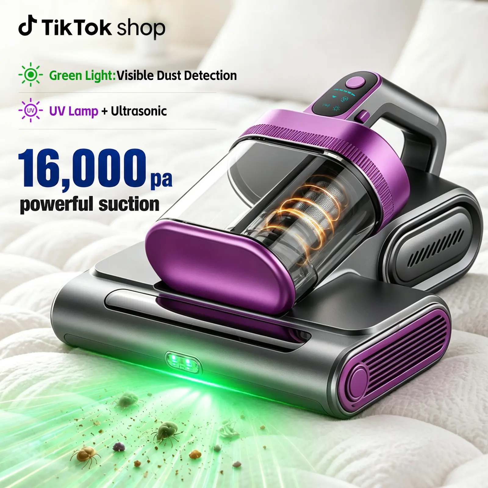 Cordless Mattress Vacuum Cleaner, 16Kpa Deep Clean Bed Vac with 80000 RPM Tapping, UV-C Light & Ultrasonic, Dual HEPA Dust Cup for Sofa, Crib and Pet Hair