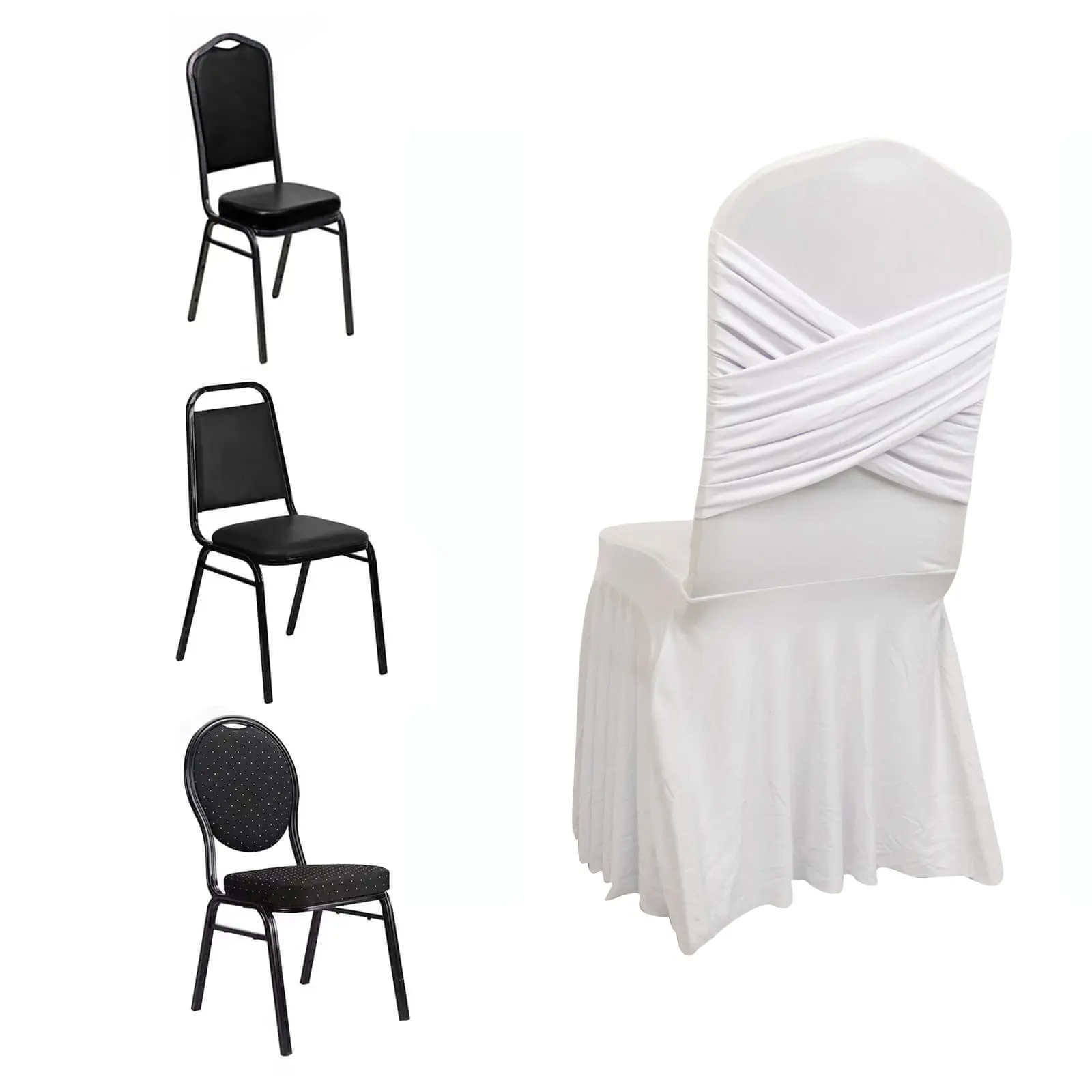 White Spandex Party Chair Cover with Ruffle Skirt, Cross Back Sash - Stretch Chair Slipcover for Events, Party Chair Covers, Stretch Chair Slipcovers