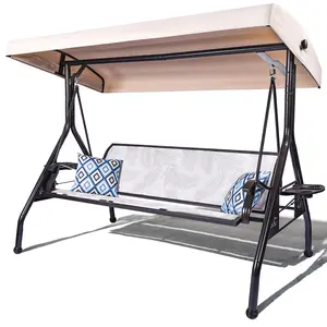 Outdoor Canopy Porch Swing with Stand, 2-in-1 Convertible Patio Bed Swing for 3 Adults, with 2 Free Pillows & Cup Holder