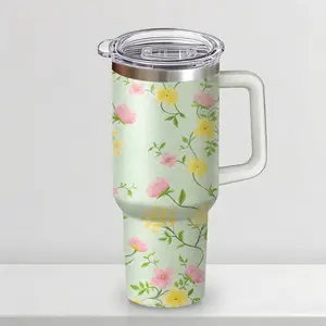 Floral Bloom 30 oz Travel Mug, Sunkissed Yellow & Pink Wildflower Print on Pastel Green, Ambidextrous Lid with Handle, Triple-Wall Insulated Iced Coffee Cup for Summer Road Trips special edition