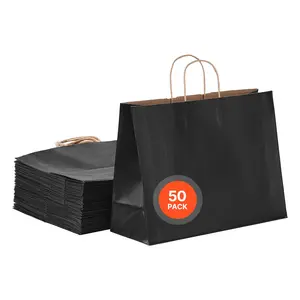 VEVOR Kraft Paper Bags with Handles, 50Pcs 16 x 6 x 12 in, Large Paper Grocery Bags, Reusable & Recycled Take-Out Sacks, Plain Party Bag Bulk for Birthday, Wedding, Business, Goody, Black