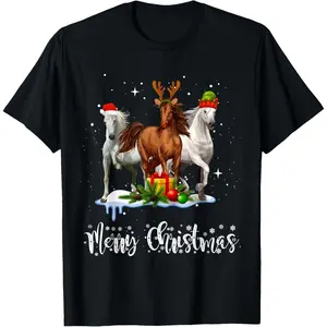 Reindeer Horse Santa Hat Merry Christmas Holiday Costume T-Shirt, 100% Cotton, Single Side Printed, Black Short Sleeve T-shirt, 1 pc, Christmas Halloween Thanksgiving Gift