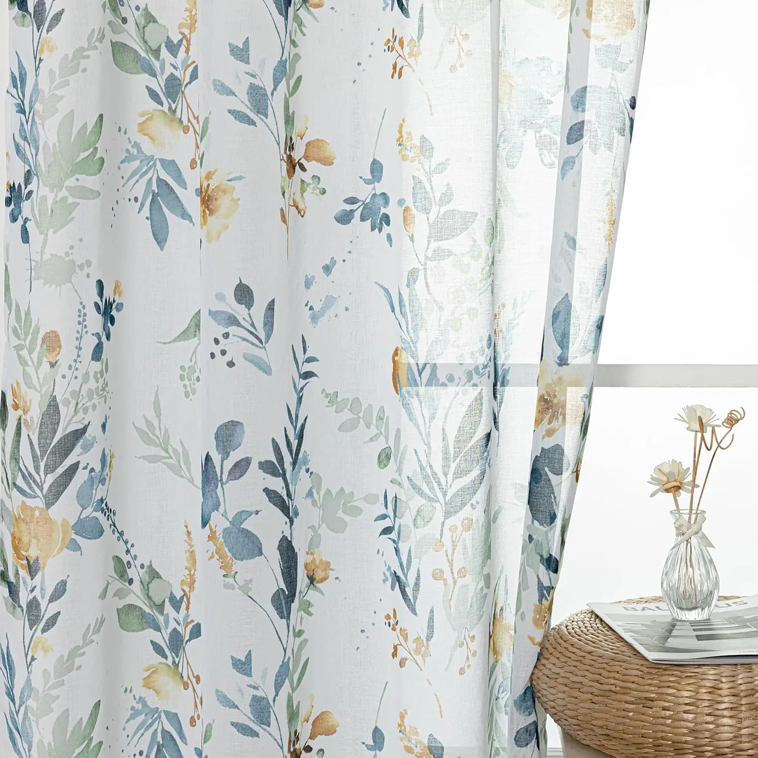 63 inch Long Sheer Floral Curtains - Classic Leaf Violet Print, 2 Panels for Bedroom, Living Room, Bathroom, Kitchen - Yellow and Blue, 52 x 63 inch