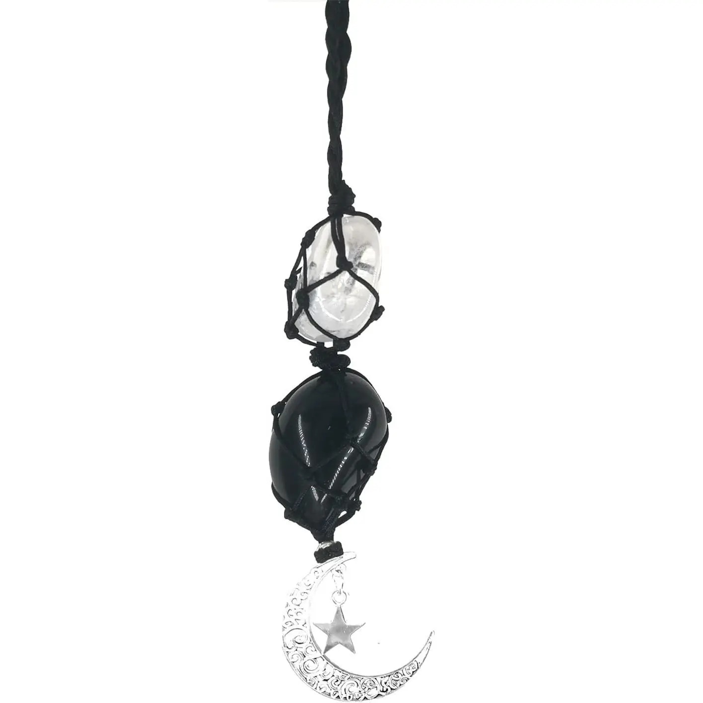 Handmade Craft White Crystal-Obsidian Black Obsidian Natural Stone Car Mirror Hanging Accessory - Boho Decor with Moon & Stars, Crescent Moon, Comfortable Size, Nice Gift, Unisex Home Decor Accent, Friends