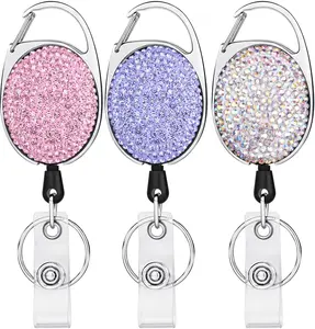 3 count Retractable Badge Reel Carabiner Badge Holder, Badge Reels Retractable Heavy Duty with Bling Rhinestone Carabiner Reel Clip and Ring, Badge Holders for ID Card (Color&Purple&)