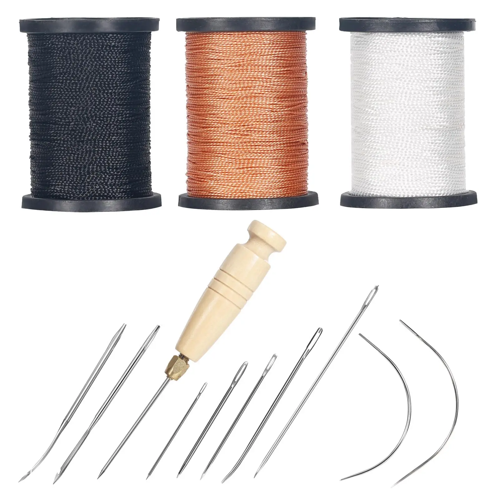 3-Spool Nylon Thread Sewing Kit, 80 Yards Each, Heavy Duty Needles (5 Straight, 2 Curved), Sewing Awl, Ideal for Upholstery, Leather, Shoes & DIY Crafts