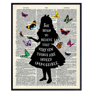 Alice Wonderland Quote Upcycled Dictionary Wall Decor Print - 8x10 Home Art Poster - Unique Room Decorations for Bedroom, Office, Girls or Kids Room - Unique Gift - Unframed Photo